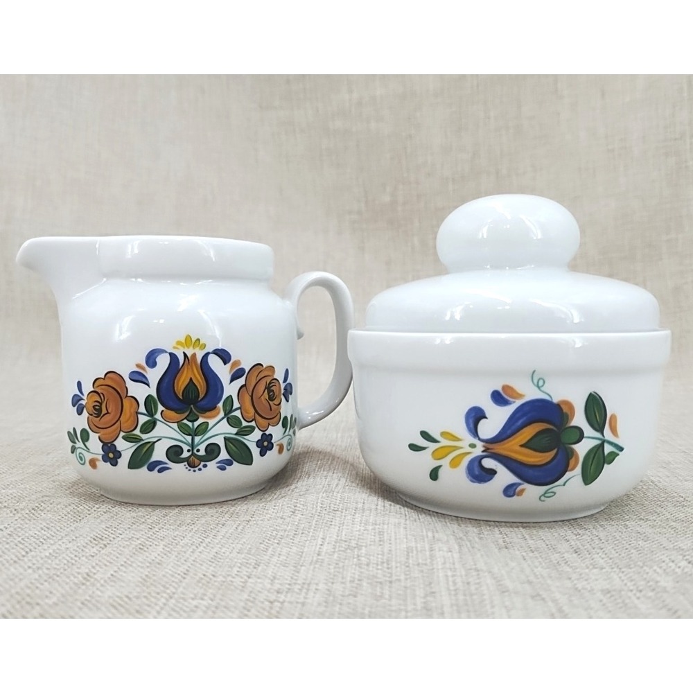 Winterling Schwarzenbach Bavaria Creamer Sugar Set Hand Painted Blue Yellow Rose